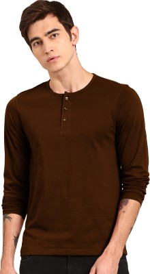 LazyChunks Solid Men Henley Neck Brown T-Shirt