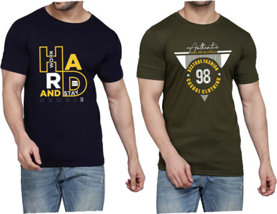 WOOSTRO Printed Men Round Neck Dark Green, Navy Blue T-Shirt