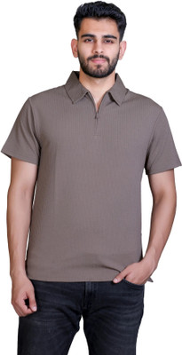 AMOLDO Self Design Men Polo Neck Brown T-Shirt