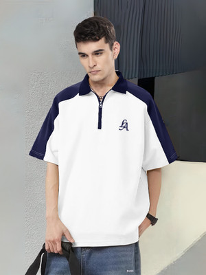 Jump Cuts Solid Men Polo Neck White, Dark Blue T-Shirt