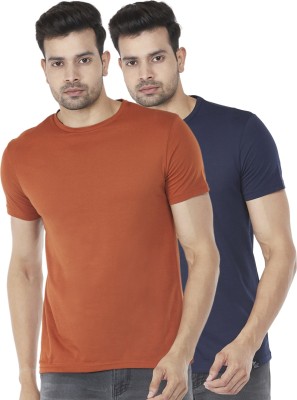 PEOPLE Solid Men Round Neck Blue, Orange T-Shirt