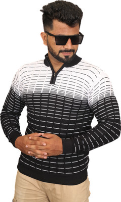 ANTMATCHER Striped Men High Neck Black T-Shirt