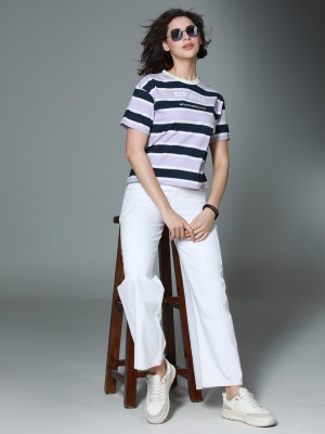 High Star Striped Women Round Neck Multicolor T-Shirt