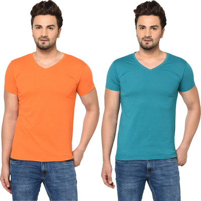 Tresna Fab Solid Men V Neck Orange, Blue T-Shirt