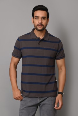 Arbour Striped Men Polo Neck Brown, Dark Blue T-Shirt