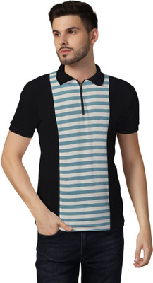 Girdhar Striped Men Polo Neck Black, Light Green T-Shirt