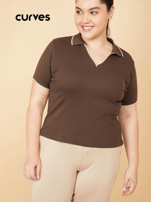 MAX Printed Women Polo Neck Brown T-Shirt
