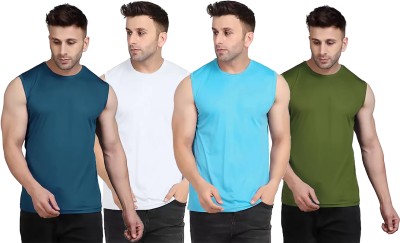 Think Tech Solid Men Round Neck Blue, White, Light Blue, Dark Green T-Shirt