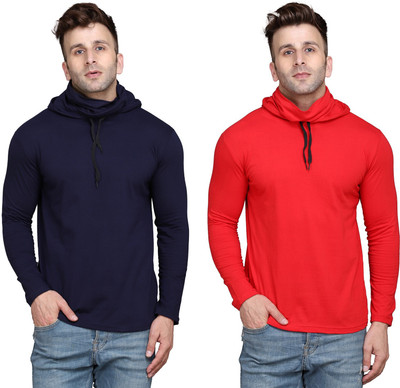 Blisstone Solid Men Hooded Neck Dark Blue, Red T-Shirt