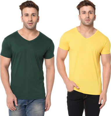 Tresna Trending Solid Men V Neck Dark Green, Yellow T-Shirt