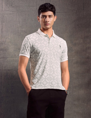 U.S. Polo Assn. Denim Co. Geometric Print Men Polo Neck White T-Shirt