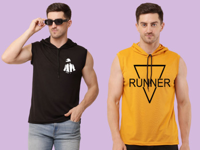 KUGDIT Printed Men Hooded Neck Black, Yellow T-Shirt