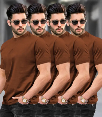 Vivaan Fab Solid Men Round Neck Brown T-Shirt