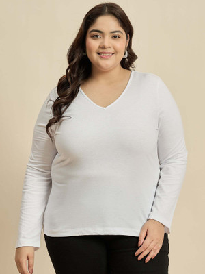 CURVY STREET Solid Women V Neck White T-Shirt