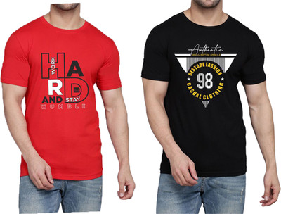 WOOSTRO Printed Men Round Neck Red, Black T-Shirt