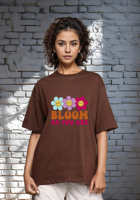 SLENOR Printed Women Round Neck Brown T-Shirt