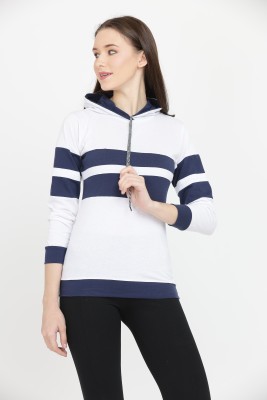 BG FASHION Striped Women Hooded Neck White T-Shirt