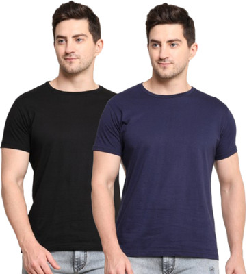 PATEL HUB Solid Men Crew Neck Black, Navy Blue T-Shirt