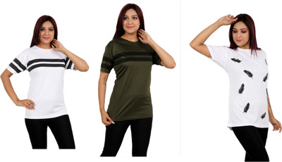 Oishee Printed Women Round Neck White, Dark Green T-Shirt