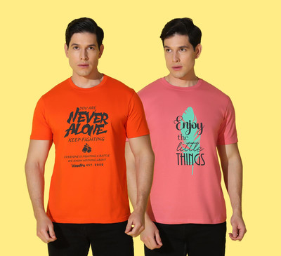 WOOSTRO Printed Men Round Neck Pink, Orange T-Shirt