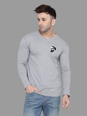 tfurnish Printed Men V Neck Silver T-Shirt