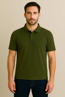 CKARFE Solid Men Polo Neck Dark Green T-Shirt