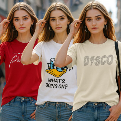 Fabflee Printed Women Round Neck Multicolor T-Shirt