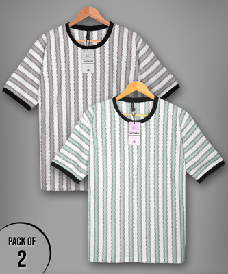 WOXEN Striped Men Round Neck Beige, Light Green T-Shirt