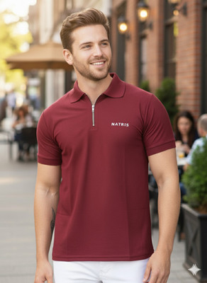 NATRIS Solid Men Zip Neck Maroon T-Shirt