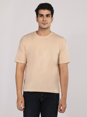 ETC Solid Men Round Neck Beige T-Shirt