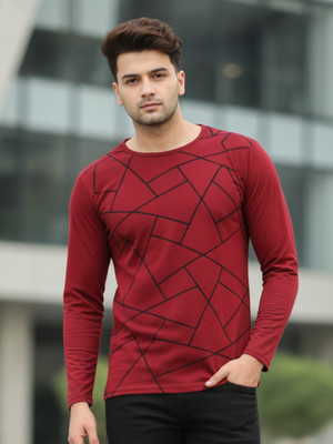 JUST ROAR Printed Men Round Neck Maroon T-Shirt