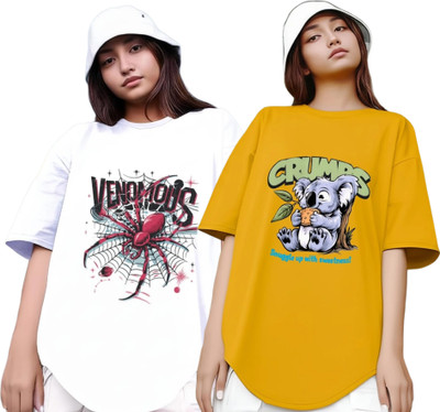 RS FASHION Printed Women Round Neck White, Yellow T-Shirt