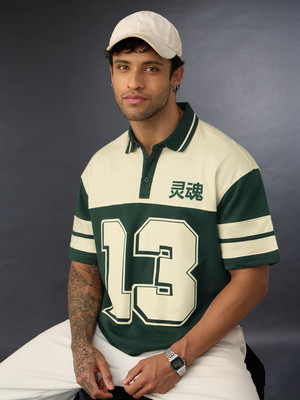 The Souled Store Typography, Colorblock Men Polo Neck Green T-Shirt