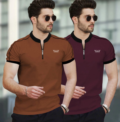 TRIPR Solid Men Mandarin Collar Brown, Maroon T-Shirt