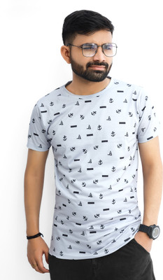 HouseOfCommon Printed Men Round Neck Grey T-Shirt
