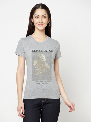 CANTABIL Printed Women Round Neck Grey T-Shirt