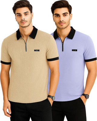 R ROCKIN TEES Solid Men Zip Neck Multicolor T-Shirt