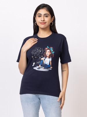 Pyro Spirit Printed Women Round Neck Navy Blue T-Shirt