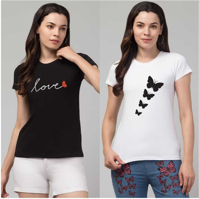 Sample Printed Women Round Neck White, Black T-Shirt