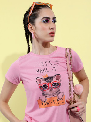 Tokyo Talkies Printed, Typography Women Round Neck Pink T-Shirt