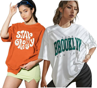 DIAZ Printed Women Round Neck Orange, White T-Shirt