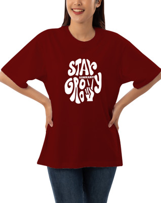 HouseOfCommon Printed Women Round Neck Maroon T-Shirt