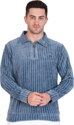 FD INDIA Self Design Men Zip Neck Blue T-Shirt