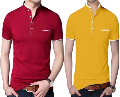 Yezi Solid Men Mandarin Collar Red, Yellow T-Shirt