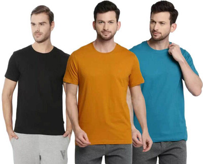 VAN HEUSEN Solid Men Round Neck Yellow, Black, Blue T-Shirt