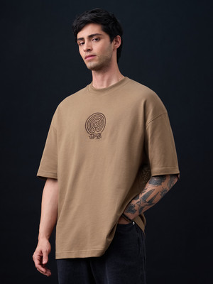 The Souled Store Embroidered Men Round Neck Beige T-Shirt