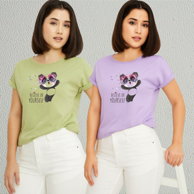 Lecowar Printed Women Round Neck Green, Purple T-Shirt