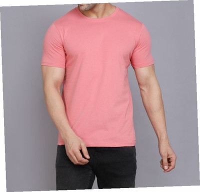 WOOSTRO Solid Men Round Neck Pink T-Shirt