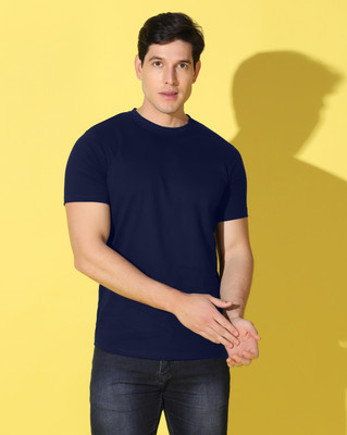 WOOSTRO Solid Men Round Neck Navy Blue T-Shirt