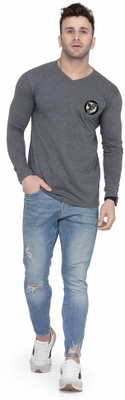 tfurnish Printed Men V Neck Grey T-Shirt
